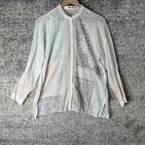 Johnny Was Shirt Womens XXS White Embroidered Sheer‎ Button Front Boho Tunic